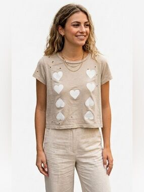 Wildfox Y2K Cotton Hearts Graphic Distressed Short Sleeve Crop Soft Stretch Top